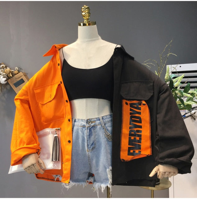 Harajuku Oversize Patchwork Jacket Women 2021 Spring Autumn New Arrival Outwear Coat Hip Hop Streetwear Loose BF Style Jackets