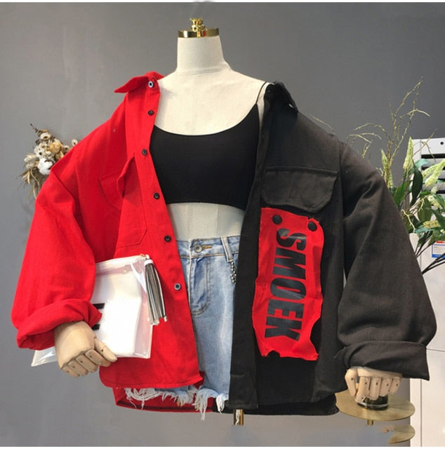Harajuku Oversize Patchwork Jacket Women 2021 Spring Autumn New Arrival Outwear Coat Hip Hop Streetwear Loose BF Style Jackets