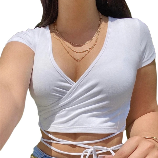 Lizakosht Summer Solid V Neck T Shirts Women Short Sleeve Short Tops Crop Tops Ladies Casual Tops Tees Female Shirts White Pink