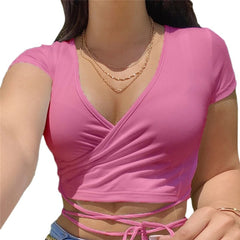 Lizakosht Summer Solid V Neck T Shirts Women Short Sleeve Short Tops Crop Tops Ladies Casual Tops Tees Female Shirts White Pink