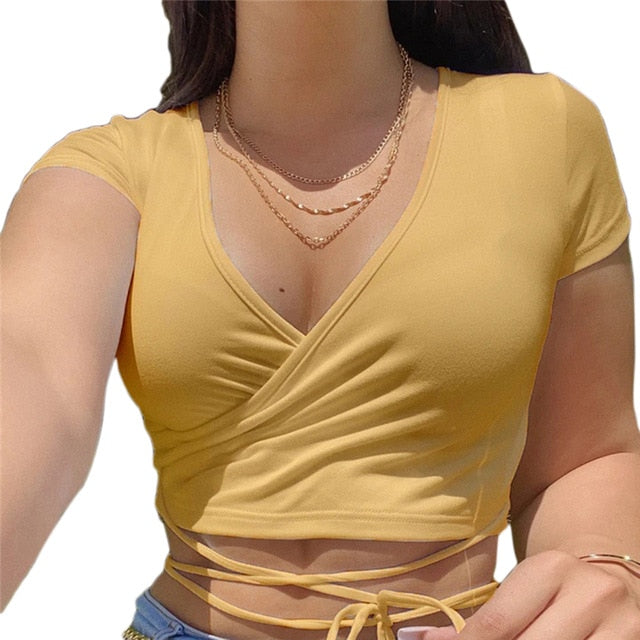 Lizakosht Summer Solid V Neck T Shirts Women Short Sleeve Short Tops Crop Tops Ladies Casual Tops Tees Female Shirts White Pink