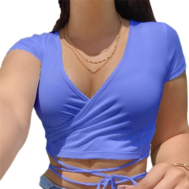 Lizakosht Summer Solid V Neck T Shirts Women Short Sleeve Short Tops Crop Tops Ladies Casual Tops Tees Female Shirts White Pink