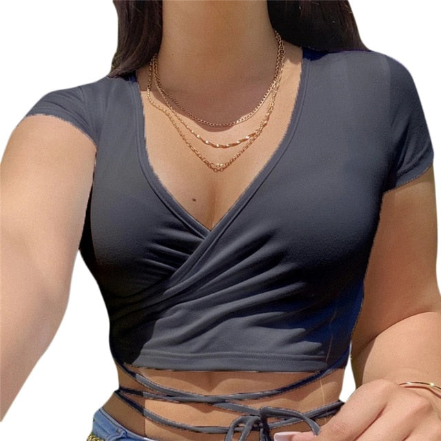 Lizakosht Summer Solid V Neck T Shirts Women Short Sleeve Short Tops Crop Tops Ladies Casual Tops Tees Female Shirts White Pink