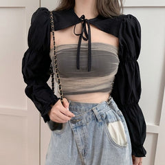 Lizakosht  Women's  New  Design Sense Stitching Net Gauze Blouse Fashionable  Sexy Two-Piece Mesh Belt Blouse Tube Tops + Shawl