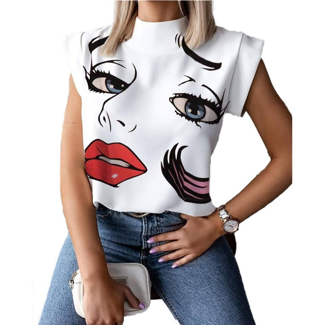 Hirigin 2021  Fashion Women Elegant Lips Print Tops Blouse Shirts Summer Ladies Office Casual Stand Neck Pullovers Eye Blusa Tops