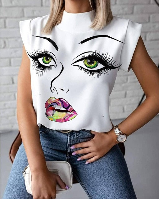 Hirigin 2021  Fashion Women Elegant Lips Print Tops Blouse Shirts Summer Ladies Office Casual Stand Neck Pullovers Eye Blusa Tops
