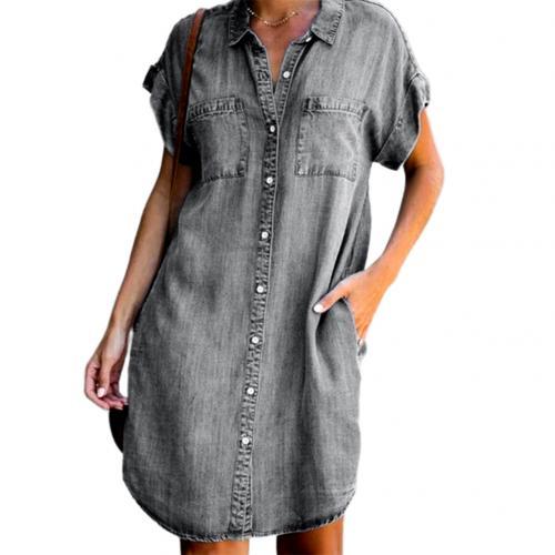 Summer Dress Women Short Sleeve Pockets Single-breasted Irregular Hem Knee-length Denim Dress Loose Style vestidos