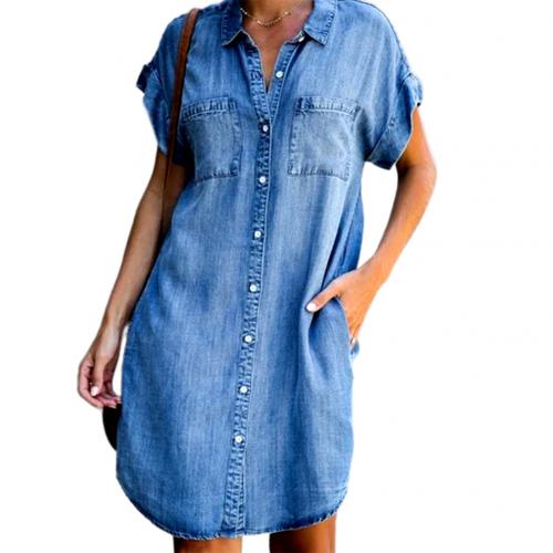 Summer Dress Women Short Sleeve Pockets Single-breasted Irregular Hem Knee-length Denim Dress Loose Style vestidos