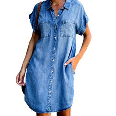 Summer Dress Women Short Sleeve Pockets Single-breasted Irregular Hem Knee-length Denim Dress Loose Style vestidos