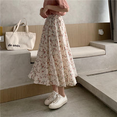 Vintage Floral Print A-line Pleated Long Skirts Summer Women Korean Skirt Streetwear Drawstring Elastic Waist Midi Skirt