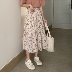 Vintage Floral Print A-line Pleated Long Skirts Summer Women Korean Skirt Streetwear Drawstring Elastic Waist Midi Skirt