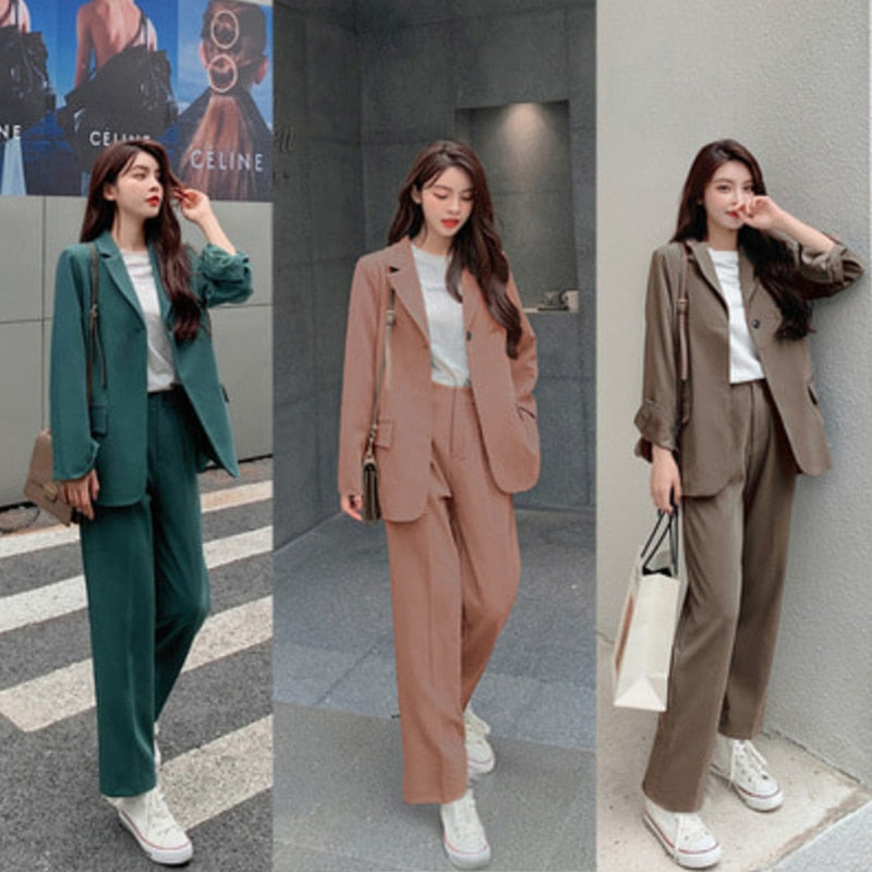 Spring  Autumn Women's Office Suit Two-Piece Pantsuit Elegant  Blazer Girly Female Set Casual Loose Pants  Jacket Work Clothes
