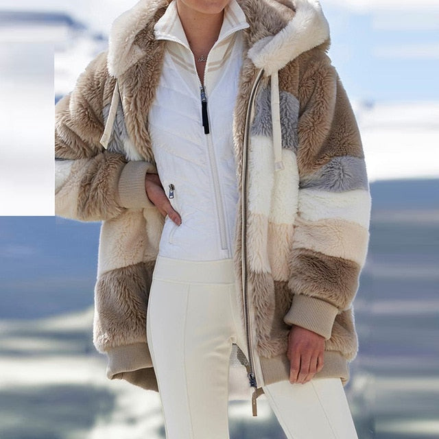 New Fashion Winter Women Coat Loose Plush Warm Hooded Jacket Casual Multicolor Splicing Zipper Long Sleeve Ladies Coats 5XL