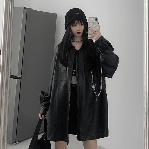 Japanese Casual Women Loose Leather Moto Jacket Outerwear Korean High Street Coat Chic Streetwear Long Sleeve Black Leather Tops