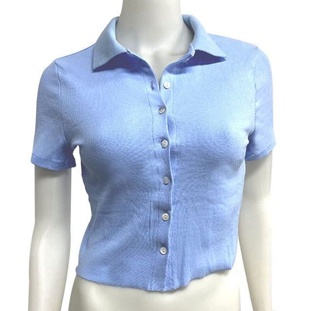 WJFZQM Solid Color Polos Top Women Short Sleeve T- shirt Ribbed Button Cardigan Crop top Women T Shirt Casual Summer tshirt 2021