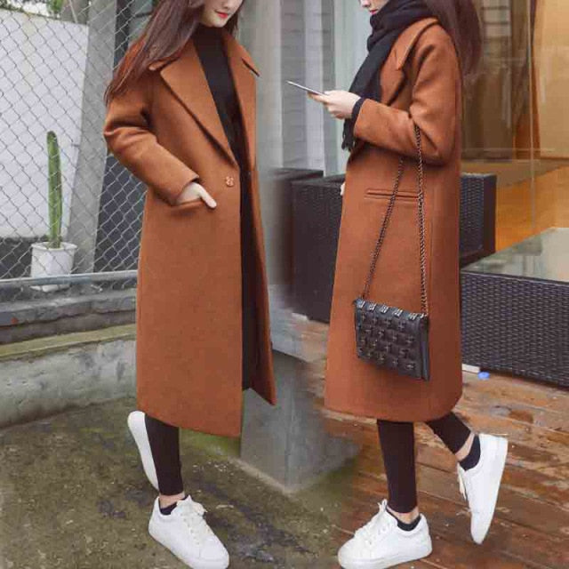 Women's Winter Black Long Wool Coat Outerwear 2021 Ladies Trench Korean Fashion Female Loose Warm Clothes Windbreaker Caramel