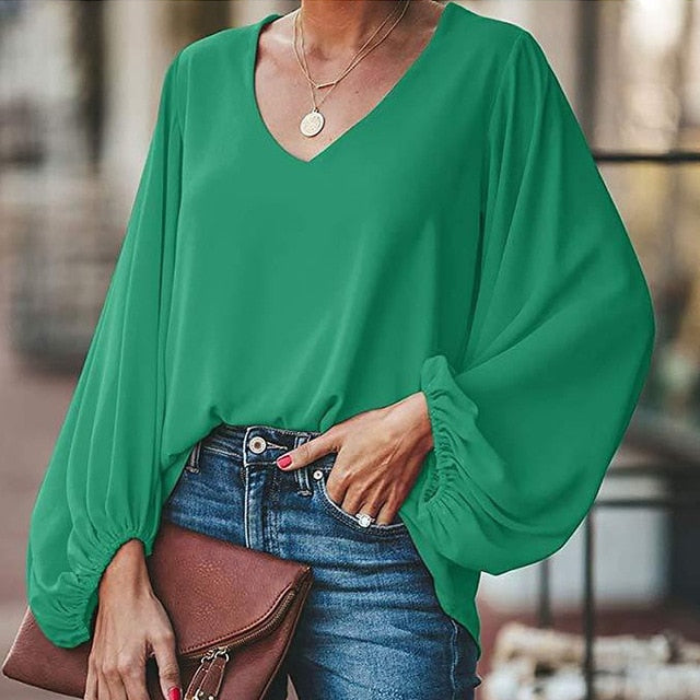 Plus Size Long Lantern Sleeve Chiffon Shirt Women Spring Summer Fall Solid Color V-neck Loose Blouse Female Fashion Casual Tops