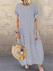 Women Sundress Vintage O-Neck Long Maxi Dress Female Casual Dot Pinted Summer Dress Beach Boho Dresses Vestidos Robe