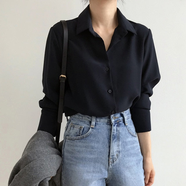 Lizakosht Summer New Arrival Women Solid Black Chiffon Blouse Long Sleeve Casual Shirt Women's Korean BF Style Chic Tops Feminina Blusa T0