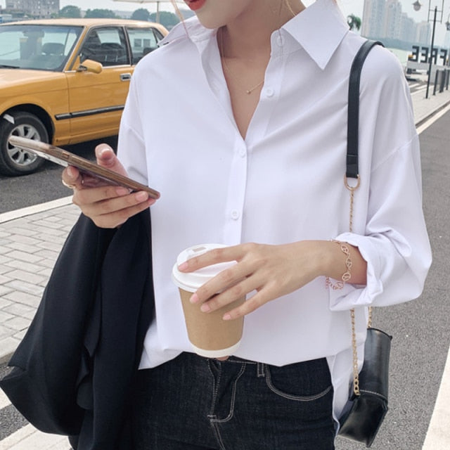 Lizakosht Summer New Arrival Women Solid Black Chiffon Blouse Long Sleeve Casual Shirt Women's Korean BF Style Chic Tops Feminina Blusa T0