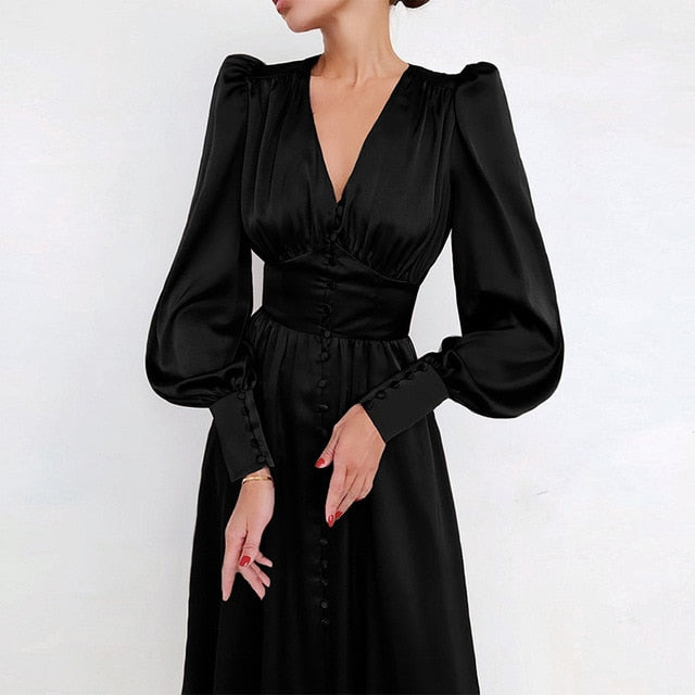 Satin Prom Women's Long Dress For Party Lantern Sleeve A-Line High Waist Slim Elegant Dresses 2021 Clothes New Year Ball Evening
