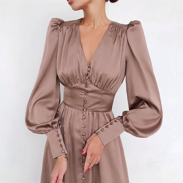 Satin Prom Women's Long Dress For Party Lantern Sleeve A-Line High Waist Slim Elegant Dresses 2021 Clothes New Year Ball Evening
