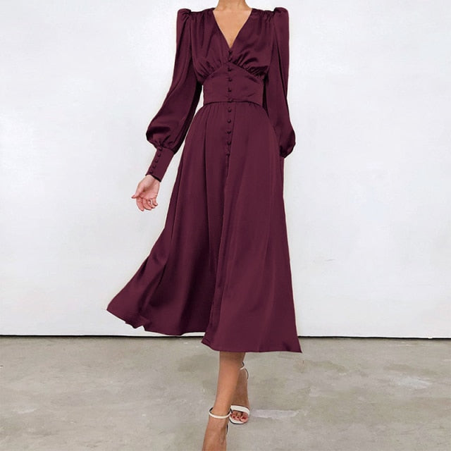 Satin Prom Women's Long Dress For Party Lantern Sleeve A-Line High Waist Slim Elegant Dresses 2021 Clothes New Year Ball Evening