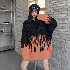 Spring new round neck loose sweater female flame jacquard sweater color matching loose ins net red hot selling sweater A077
