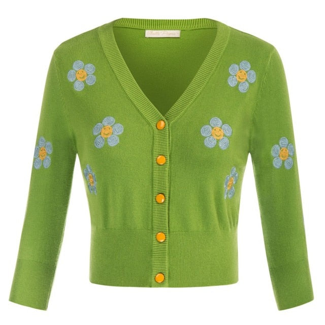 Women Vintage Jackets Cardigans  Autumn Spring Womens Cherries Embroidery 3/4 Sleeve V-Neck Cropped Knitting Coat Knitwear