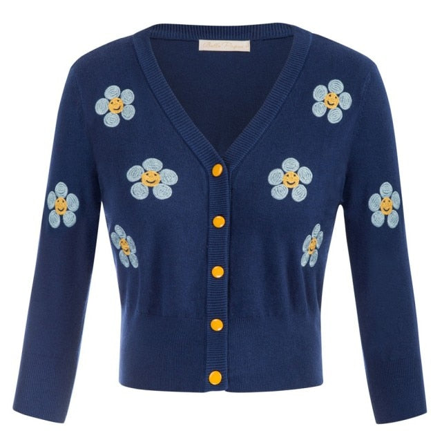 Women Vintage Jackets Cardigans  Autumn Spring Womens Cherries Embroidery 3/4 Sleeve V-Neck Cropped Knitting Coat Knitwear