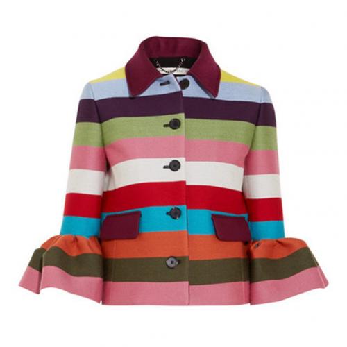 Fashion Coats Women Autumn Rainbow Stripes Jacket 3/4 Petal Sleeve Single-Breast Coat Elegant Turn-Down Collar Office Lady Coat