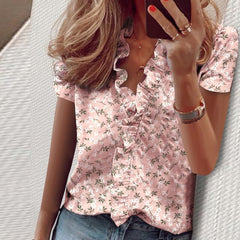 New Fashion Ladies Blouse Summer Tops Short Sleeves Office Lady Women's Clothing V-Neck Solid Ruffles Casual Print Female Shirt