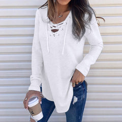 Shirt Women 2021  White Solid V Neck Strap Long Sleeve Shirt Top Autumn Blouse Casual Women's Clothes Ropa De Mujer