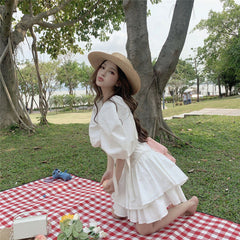 French Vintage Puff Sleeve Fairy Dress White Bandages Women Designer Mini Dress Korean One-piece Dress 2021 Summer Y2K Clothing