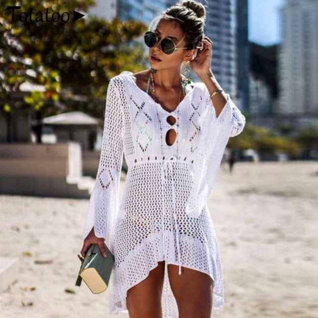 Lizakosht Backless Sexy Knitted Dress Women 2021 Summer Long Sleeve Open Back See Through Beach Cover Mini Dress Femme Clubwear