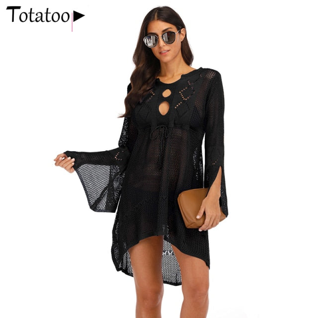 Lizakosht Backless Sexy Knitted Dress Women 2021 Summer Long Sleeve Open Back See Through Beach Cover Mini Dress Femme Clubwear
