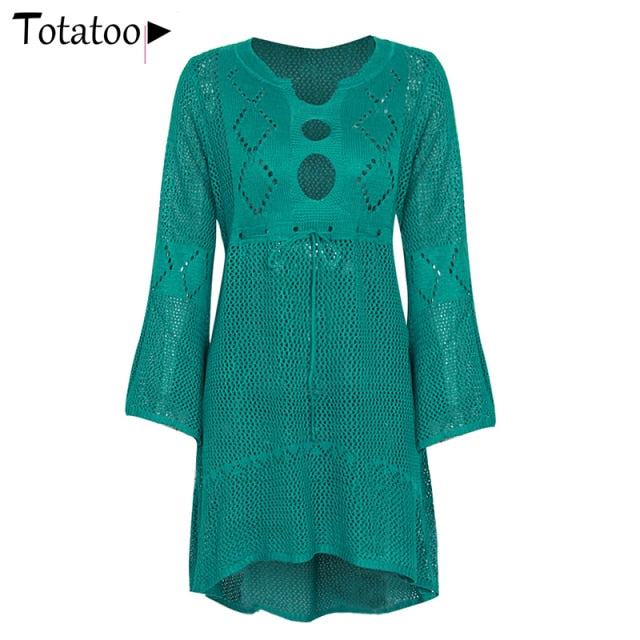 Lizakosht Backless Sexy Knitted Dress Women 2021 Summer Long Sleeve Open Back See Through Beach Cover Mini Dress Femme Clubwear