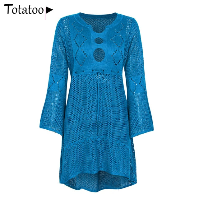 Lizakosht Backless Sexy Knitted Dress Women 2021 Summer Long Sleeve Open Back See Through Beach Cover Mini Dress Femme Clubwear
