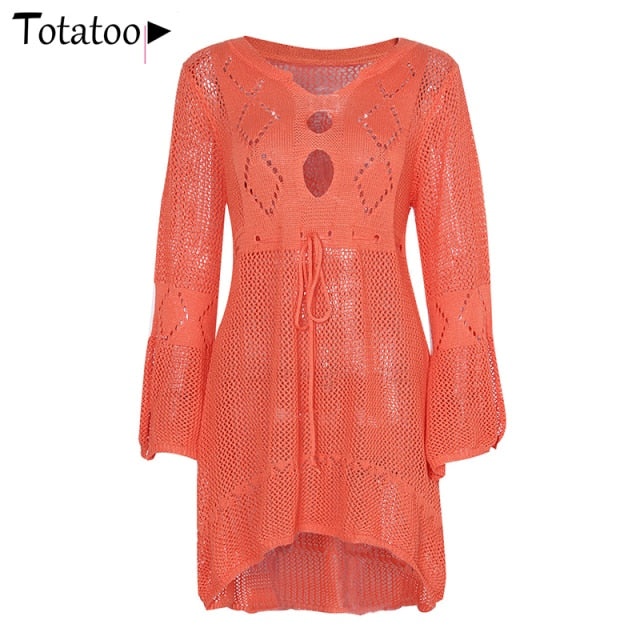 Lizakosht Backless Sexy Knitted Dress Women 2021 Summer Long Sleeve Open Back See Through Beach Cover Mini Dress Femme Clubwear
