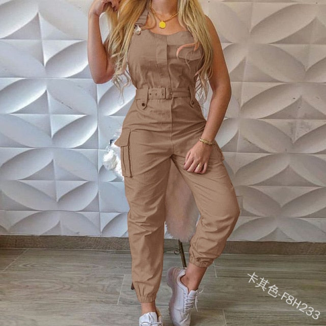 Jumpsuits Women Casual Cargo Playsuit Sleeveless O Neck Jumpsuit With Pocket and Belt Elegant Pencil Pants Loose Overalls