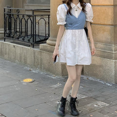 Lizakosht 2 Piece Set Women Summer High Waist Dress  Denim Camisole + Mini Dress Elegant Puff Sleeve A-line Dress Vintage Slim Dresses
