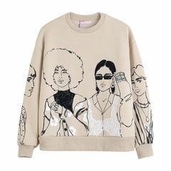 Merodi Autumn Women Fashion Girls Print Za Cotton Sweatshirts Chic Lady Casual O-Neck Long Sleeve Khaki Pullover Tops Oversize