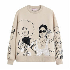 Merodi Autumn Women Fashion Girls Print Za Cotton Sweatshirts Chic Lady Casual O-Neck Long Sleeve Khaki Pullover Tops Oversize