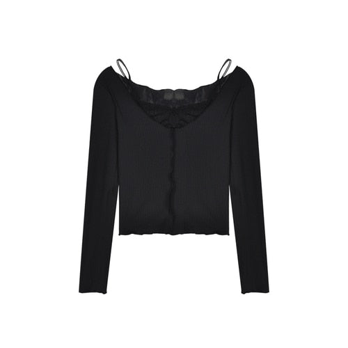 White Lace Fake Two Piece Suspender Long Sleeve T-shirt Women's Autumn Machine Sexy Off Shoulder Bottoming Shirt Short Top