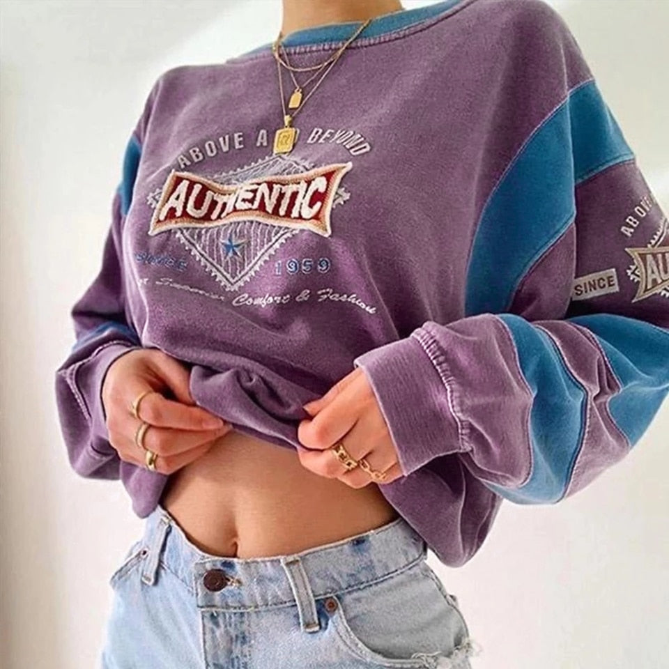 Women Embroidery Letter Print Sweatershirts Round Neck Oversize Sweatershirt Casual Tops Autumn Spring Purple Hoodies