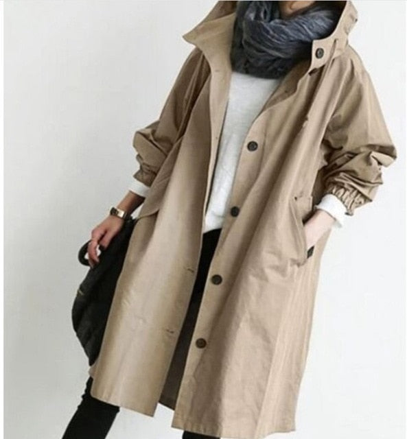 Fashion Womens Trench Coats Hooded Long 2021 Spring Autumn Windproof Lady Female Casual Clothes 8 Color Windbreaker Korean Style
