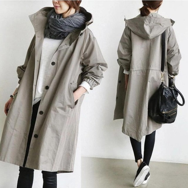 Fashion Womens Trench Coats Hooded Long 2021 Spring Autumn Windproof Lady Female Casual Clothes 8 Color Windbreaker Korean Style