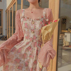 Spaghetti Strap Dress Women French Elegant Vintage Floral Dress Sweet 2021 Summer Fashion Clothing Party One Piece Dress Korean