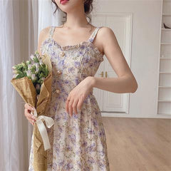 Spaghetti Strap Dress Women French Elegant Vintage Floral Dress Sweet 2021 Summer Fashion Clothing Party One Piece Dress Korean