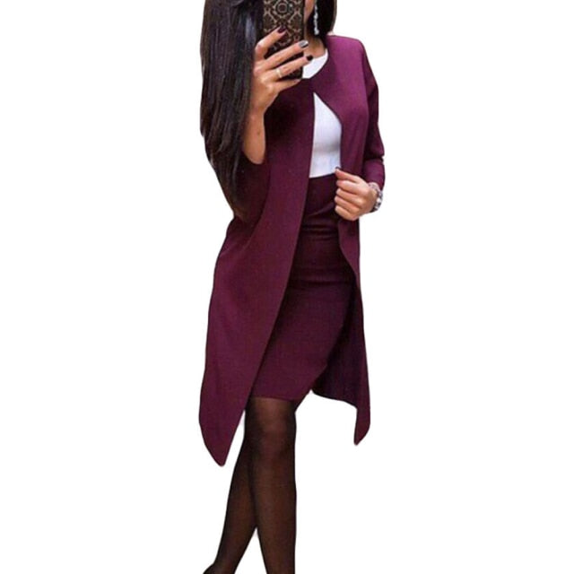 Lizakosht 2Pcs Office Lady Autumn Solid Color Long Blazer Jacket Bodycon Mini Skirt Suit Perfect for office business formal perfect gifts
